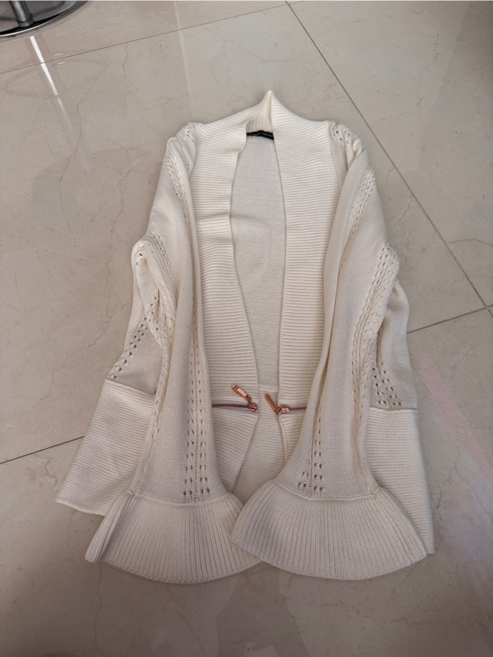 Ivanka Trump Cream Knit Open Cardigan with Rose-Gold Zip Detail
